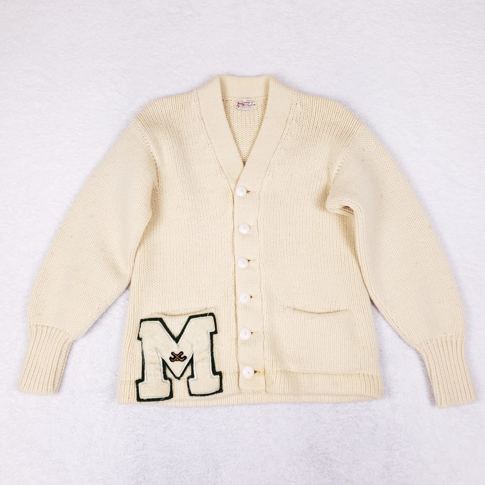 Vintage Cream Men's Letterman Cardigan Sweater - M Patch
